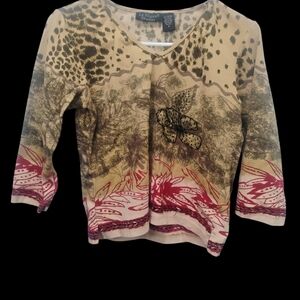Le Mieux Studio Y2K Boho Retro Top Women’s M Earthy Animal Floral 3/4 Sleeve